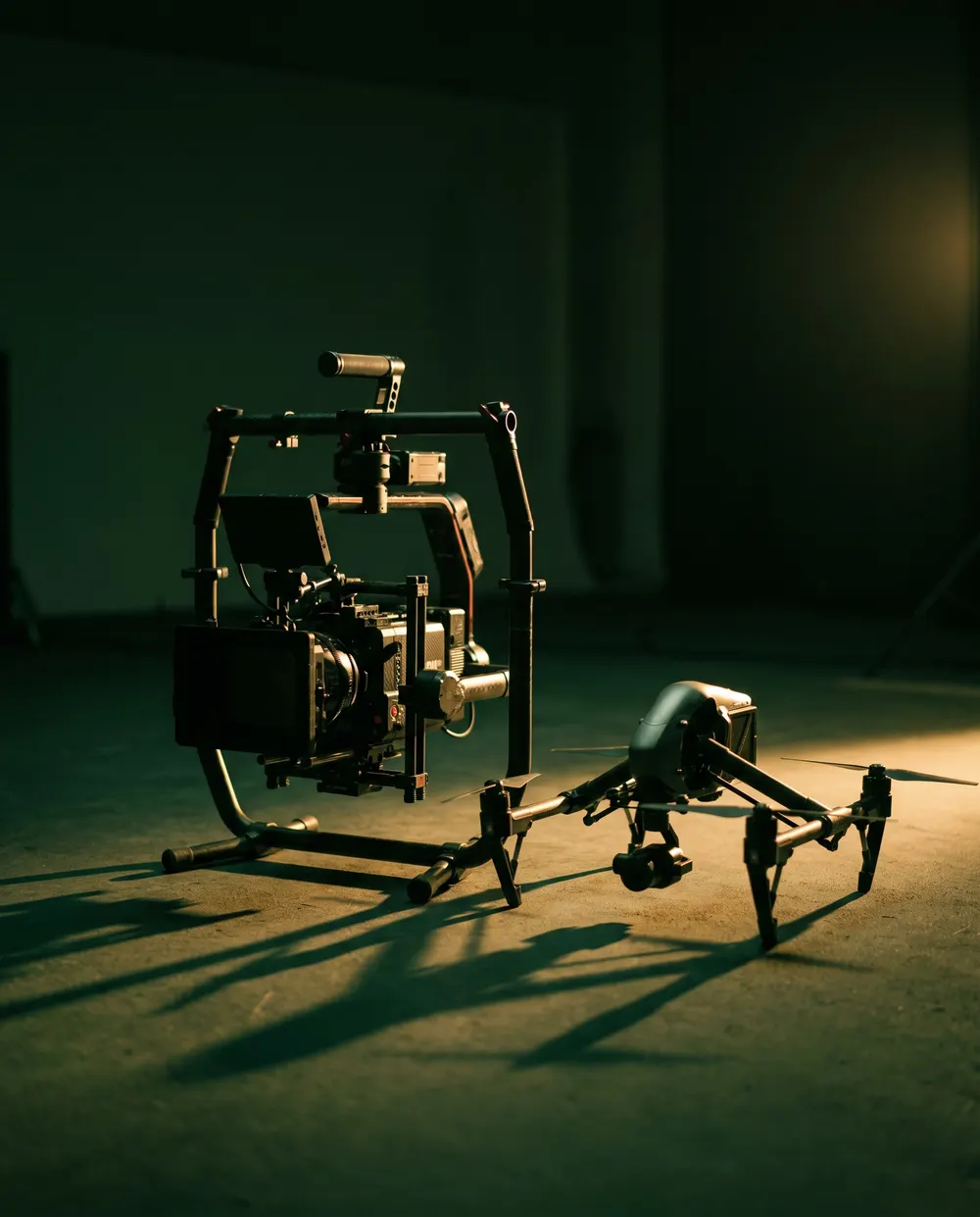 Câmera de cinema em estabilizador ao lado de um drone em estúdio